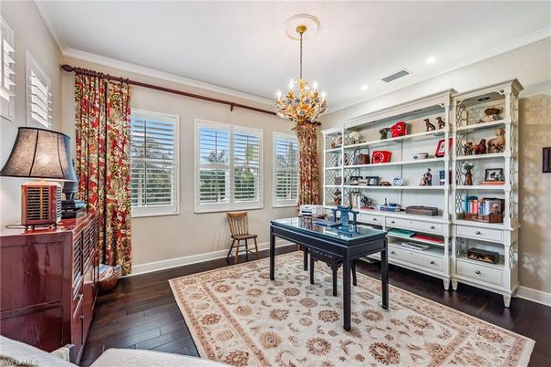 Chandelier, Home Office, Interior, Recessed Lighting, Wood Texture Flooring