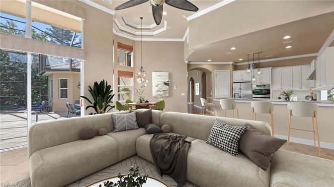 Chandelier, Dining room, Interior, Kitchen, Living room, Pendant Lights, Recessed Lighting, Stainless Steel Appliances