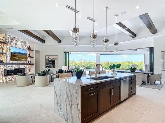Fireplace, Interior, Kitchen, Living room, Pendant Lights, Recessed Lighting, Stainless Steel Appliances, Wooden Beams