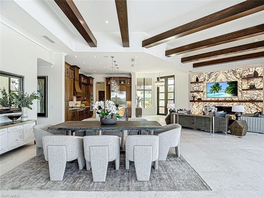 Dining room, Interior, Kitchen, Living room, Pendant Lights, Recessed Lighting, Stainless Steel Appliances, Wooden Beams