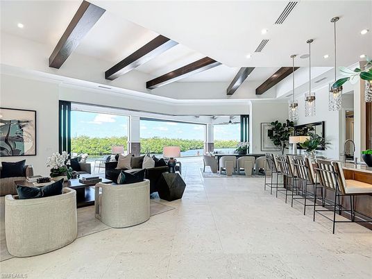 Dining room, Interior, Living room, Pendant Lights, Recessed Lighting, Wooden Beams