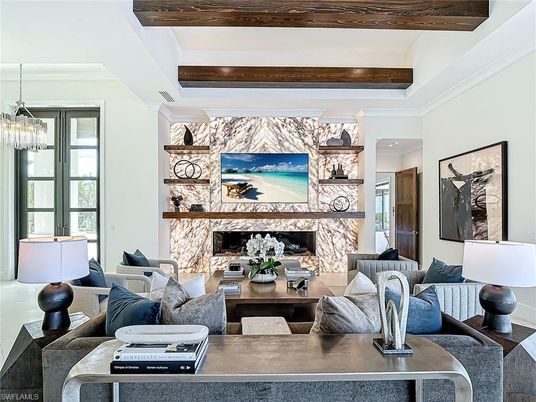 Fireplace, Interior, Living room, Pendant Lights, Stone Walls, Wooden Beams
