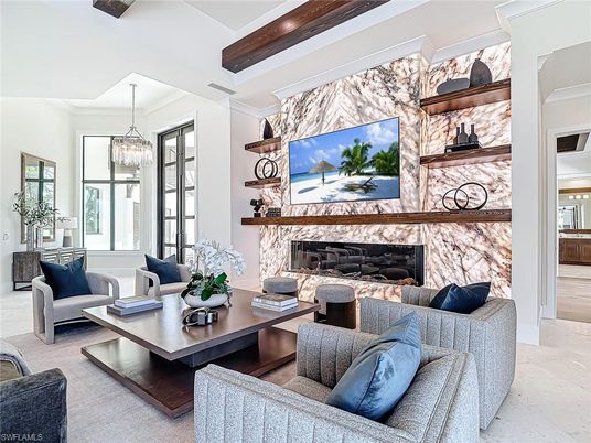 Chandelier, Fireplace, Interior, Living room, Pendant Lights, Wooden Beams