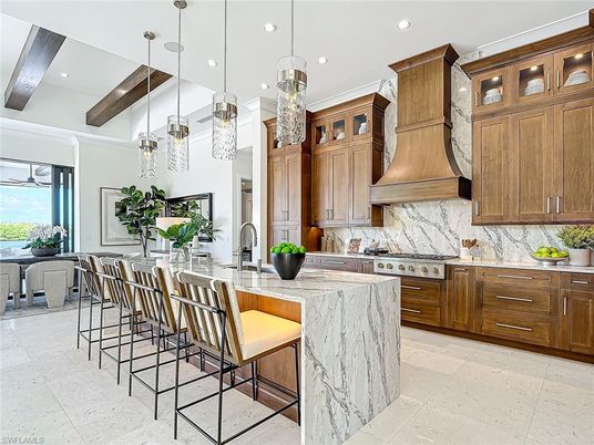 Interior, Kitchen, Marble Walls, Pendant Lights, Recessed Lighting, Stainless Steel Appliances, Wooden Beams