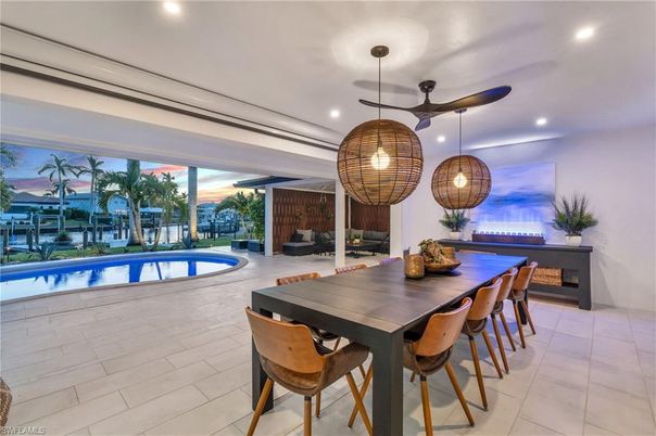 Dining room, Fireplace, Interior, Pendant Lights, Pool, Recessed Lighting