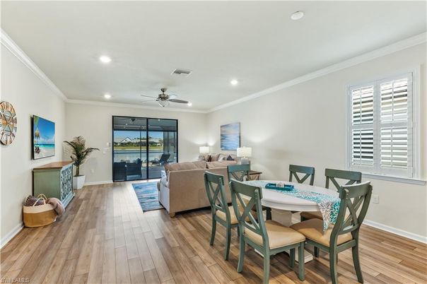 Dining room, Interior, Living room, Recessed Lighting, Wood Texture Flooring