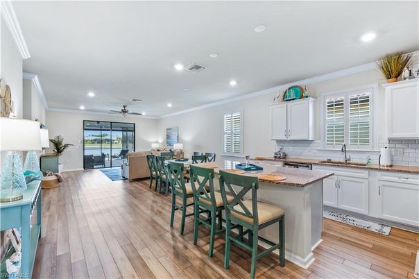Dining room, Interior, Kitchen, Living room, Recessed Lighting, Wood Texture Flooring
