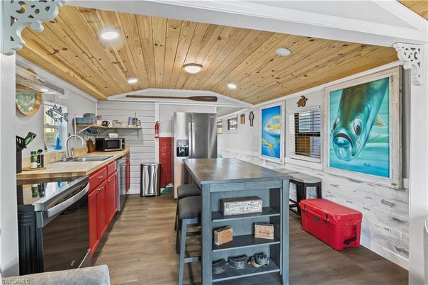 Interior, Kitchen, Recessed Lighting, Stainless Steel Appliances, Wooden Ceilings, Wood Texture Flooring