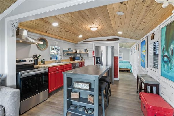 Interior, Kitchen, Recessed Lighting, Stainless Steel Appliances, Wooden Ceilings, Wood Texture Flooring