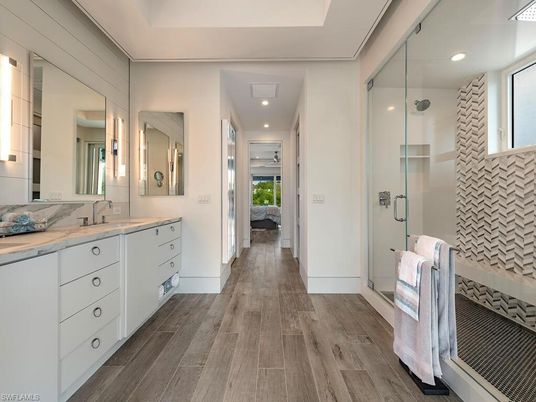 Bathroom, Glass Shower, Interior, Recessed Lighting, Wood Texture Flooring