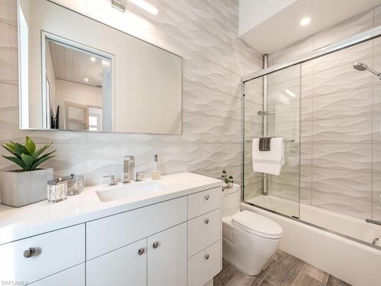 Bathroom, Glass Shower, Interior, Recessed Lighting, Wood Texture Flooring