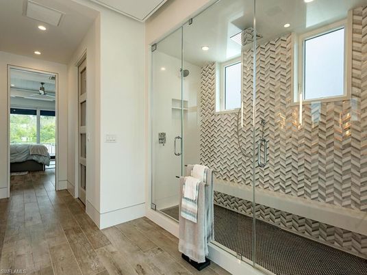 Bathroom, Glass Shower, Interior, Recessed Lighting, Wood Texture Flooring