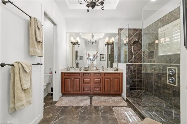 Bathroom, Chandelier, Dual Sink Vanities, Glass Shower, Interior