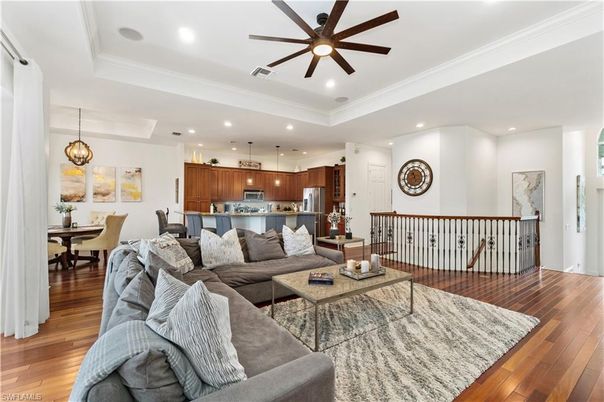 Dining room, Interior, Kitchen, Living room, Pendant Lights, Recessed Lighting, Stainless Steel Appliances, Wood Texture Flooring