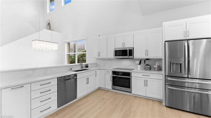 Interior, Kitchen, Pendant Lights, Stainless Steel Appliances, Wood Texture Flooring