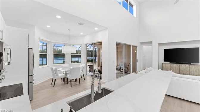 Dining room, Interior, Living room, Pendant Lights, Recessed Lighting, Water, Wood Texture Flooring