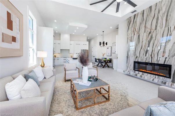 Dining room, Fireplace, Interior, Kitchen, Living room, Pendant Lights, Recessed Lighting