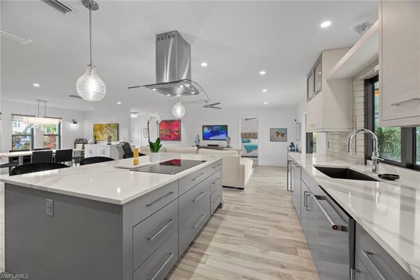 Interior, Kitchen, Living room, Pendant Lights, Recessed Lighting, Stainless Steel Appliances, Wood Texture Flooring