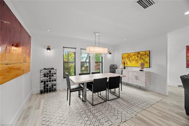 Dining room, Interior, Pendant Lights, Recessed Lighting, Wood Texture Flooring