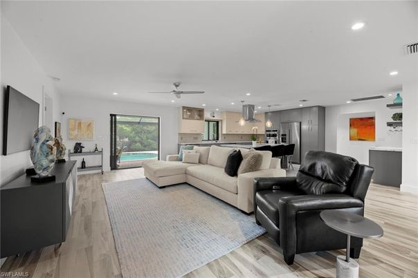 Interior, Kitchen, Living room, Pendant Lights, Recessed Lighting, Stainless Steel Appliances, Wood Texture Flooring