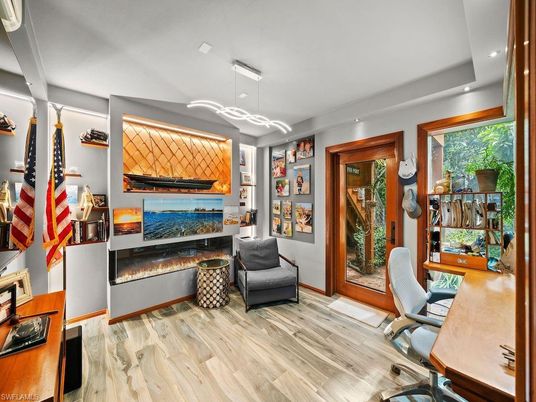 Home Office, Interior, Pendant Lights, Recessed Lighting, Wood Texture Flooring