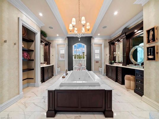 Bathroom, Chandelier, Dual Sink Vanities, Interior, Marble, Recessed Lighting