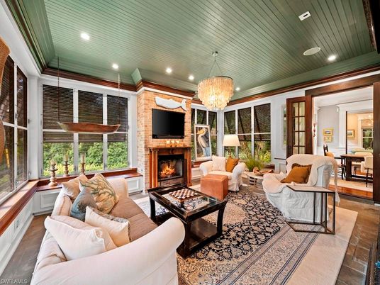 Chandelier, Fireplace, Interior, Living room, Recessed Lighting, Stone Walls