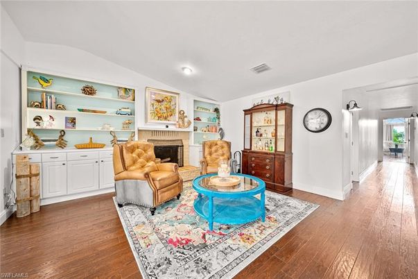 Fireplace, Interior, Living room, Recessed Lighting, Wood Texture Flooring