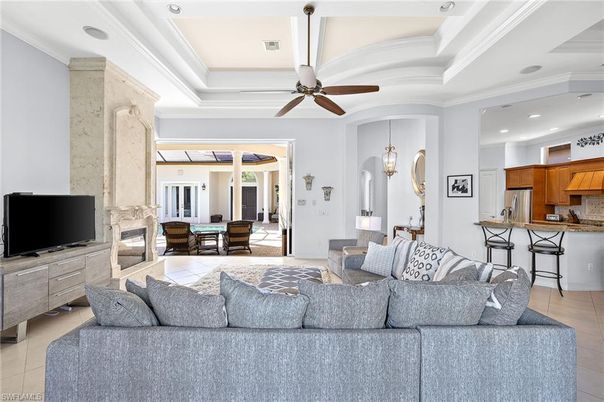 Dining room, Fireplace, Interior, Kitchen, Living room, Pendant Lights, Recessed Lighting