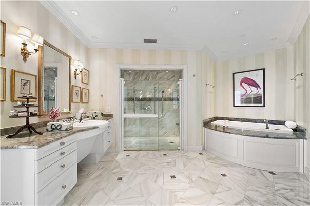 Bathroom, Glass Shower, Interior, Marble, Marble Walls, Recessed Lighting