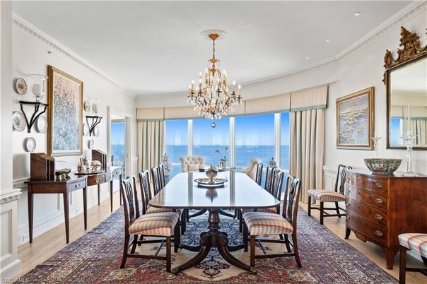 Chandelier, Dining room, Interior, Recessed Lighting, Water, Wood Texture Flooring