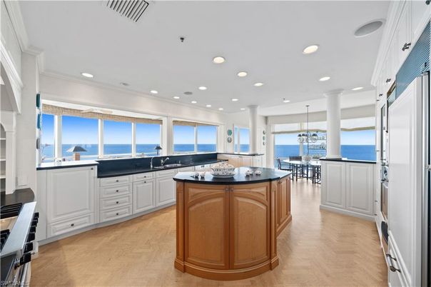 Dining room, Interior, Kitchen, Pendant Lights, Recessed Lighting, Water, Wood Texture Flooring