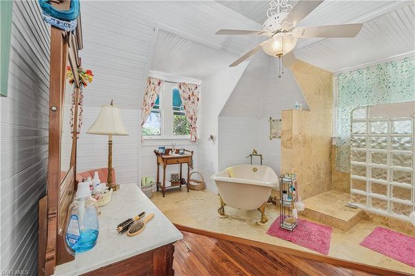 Bathroom, Free Standing Baths, Glass Shower, Interior, Wood Texture Flooring