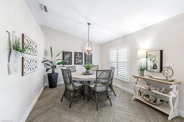 Dining room, Interior, Pendant Lights, Wood Texture Flooring