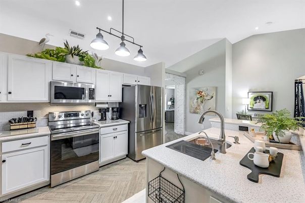 Interior, Kitchen, Pendant Lights, Recessed Lighting, Stainless Steel Appliances, Wood Texture Flooring