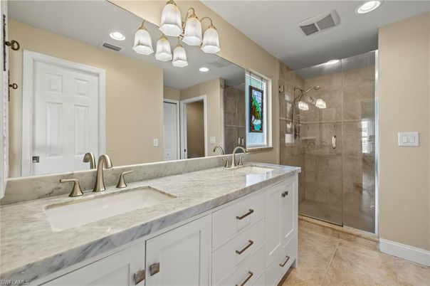 Bathroom, Dual Sink Vanities, Glass Shower, Interior, Recessed Lighting