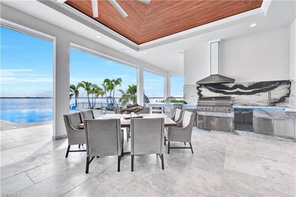 Dining room, Interior, Recessed Lighting, Water, Wooden Ceilings