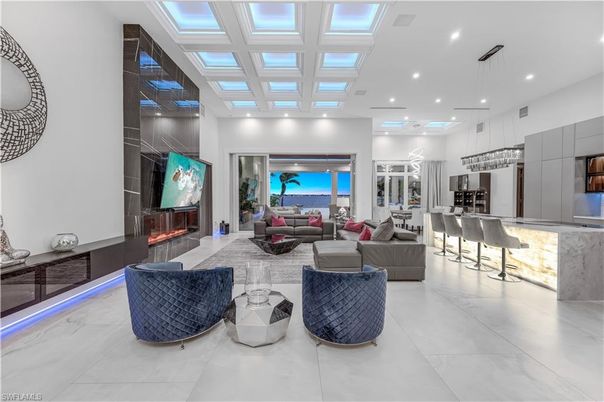 Fireplace, Interior, Kitchen, Living room, Marble, Pendant Lights, Recessed Lighting
