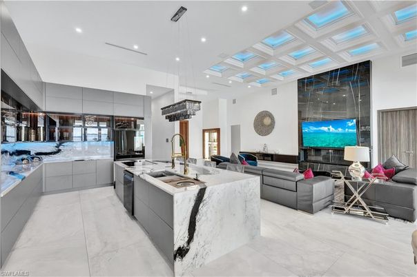 Fireplace, Interior, Kitchen, Living room, Marble, Pendant Lights, Recessed Lighting