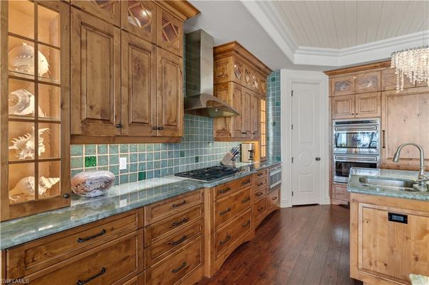 Chandelier, Interior, Kitchen, Tile Countertops, Wood Texture Flooring