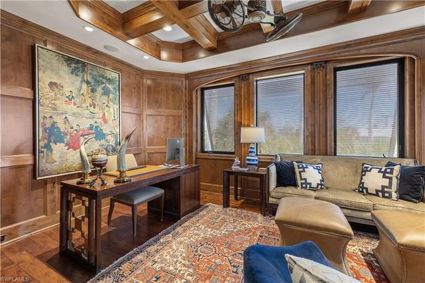Home Office, Interior, Recessed Lighting, Wooden Beams, Wood Texture Flooring, Wooden Walls