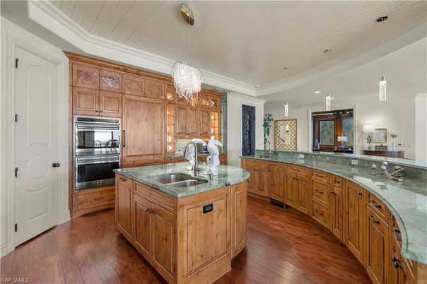 Chandelier, Interior, Kitchen, Pendant Lights, Recessed Lighting, Stainless Steel Appliances, Wood Texture Flooring