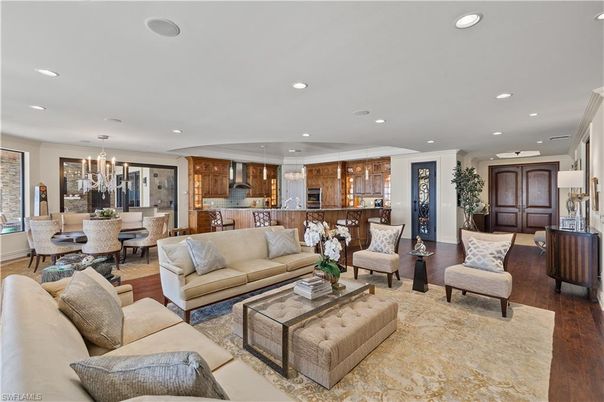 Chandelier, Dining room, Interior, Kitchen, Living room, Pendant Lights, Recessed Lighting, Wood Texture Flooring