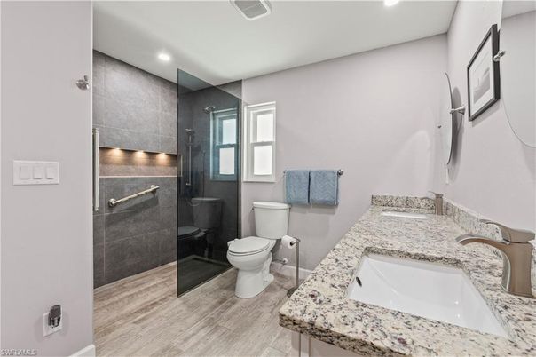 Bathroom, Glass Shower, Interior, Recessed Lighting, Wood Texture Flooring