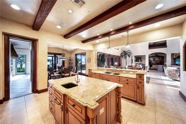 Dining room, Fireplace, Interior, Kitchen, Living room, Pendant Lights, Recessed Lighting, Wooden Beams