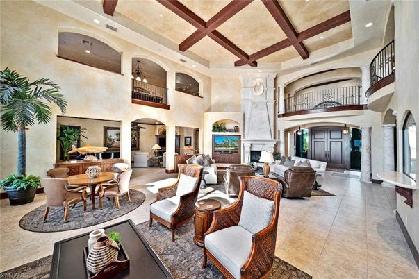 Dining room, Fireplace, Interior, Living room, Recessed Lighting, Wooden Beams