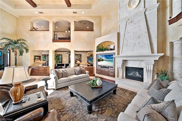 Fireplace, Interior, Living room, Recessed Lighting, Wooden Beams