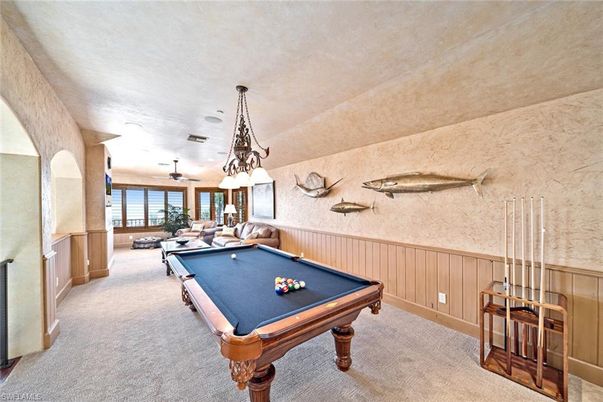 Billiard Table, Chandelier, Game Room, Interior, Pendant Lights