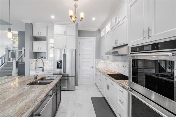 Interior, Kitchen, Marble, Pendant Lights, Recessed Lighting, Stainless Steel Appliances