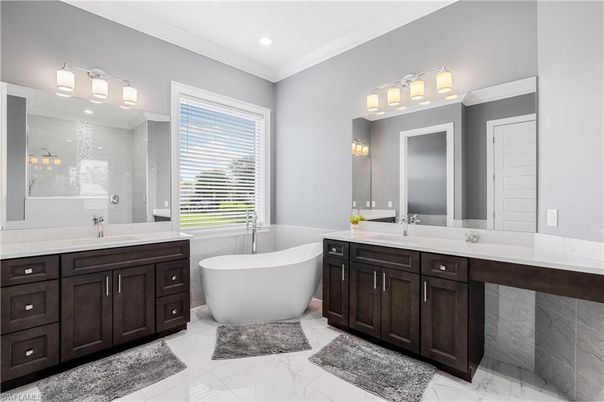 Bathroom, Dual Sink Vanities, Free Standing Baths, Interior, Marble, Recessed Lighting